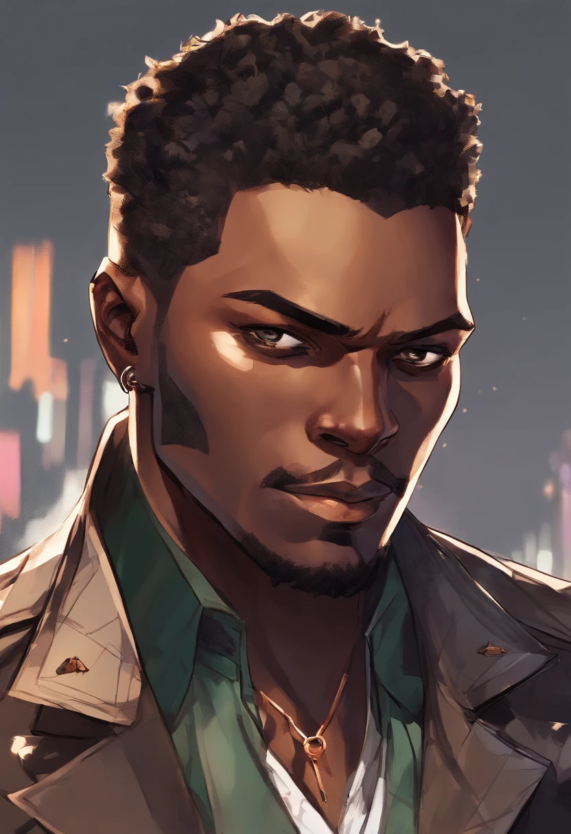 a close up of a dark skin person wearing a brown jacket((jaguar spotted texture)), white tank top underneath jacket, dark gray jeans with a black belt on his waist,He also wears two golden chain necklace in his neck and a long necklace with three black rounded pendants at the center. African American character in tekken, dark green eyes, undercut hairstyle, half body close-up shot, male character, singlehighly detailed exquisite fanart, anime portrait of a handsome man, high quality portrait, detailed character art, full art illustration, human male character art, highly detailed character design, male character design