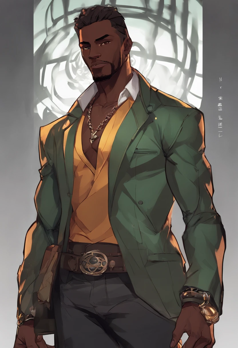 a close up of a dark skin person wearing a brown jacket((jaguar spotted texture)), white tank top underneath jacket, dark gray jeans with a black belt on his waist,He also wears two golden chain necklace in his neck and a long necklace with three black rounded pendants at the center. African American character in tekken, dark green eyes, undercut hairstyle, half body close-up shot, male character, singlehighly detailed exquisite fanart, anime portrait of a handsome man, high quality portrait, detailed character art, full art illustration, human male character art, highly detailed character design, male character design