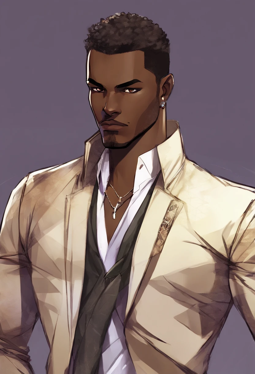 a close up of a dark skin person wearing a brown jacket((jaguar spotted texture)), white tank top underneath jacket, dark gray jeans with a black belt on his waist,He also wears two golden chain necklace in his neck and a long necklace with three black rounded pendants at the center. African American character in tekken, dark green eyes, undercut hairstyle, half body close-up shot, male character, singlehighly detailed exquisite fanart, anime portrait of a handsome man, high quality portrait, detailed character art, full art illustration, human male character art, highly detailed character design, male character design
