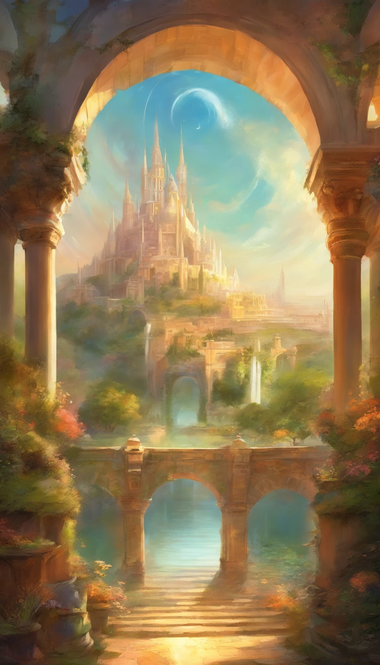 a celestial city with all its magnitude, with castles, bridges and lakes, with magnificent gardens, a heavenly place, abode of Gods, with Greek columns, style city of Seville in Spain
