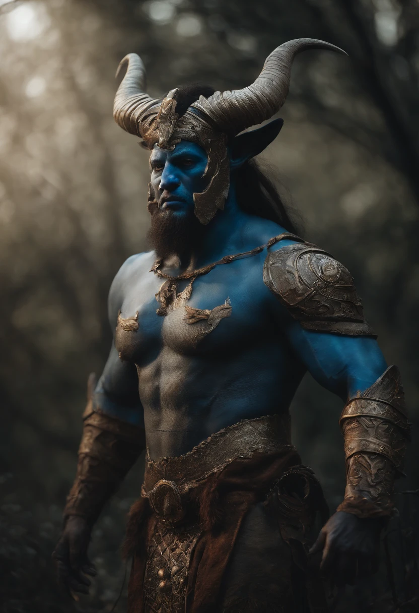some pictures of a giant blue deity with large horns on his face, in the style of unreal engine 5, dark white, shwedoff, furry art, close-up intensity, mystic mechanisms, dark white and dark gray --ar 5:9 --s 750 --v 5.2