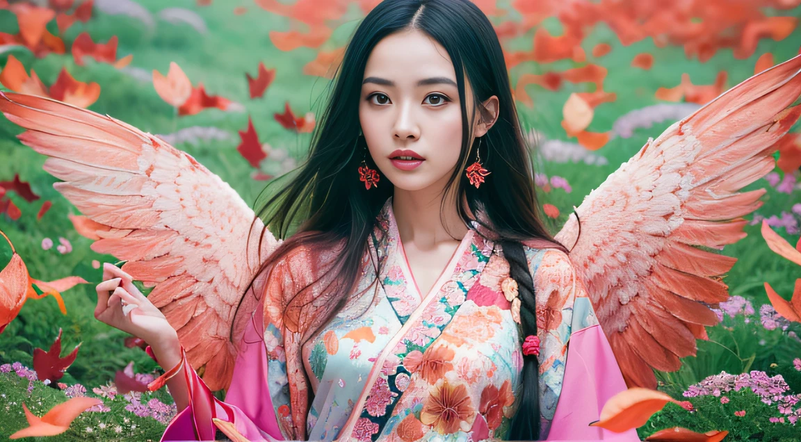 32K autumn view(tmasterpiece,k hd,hyper HD,32K)Long flowing black hair,ponds,zydink, a color, Autumn (Sexy girl), (Blue and white silk scarf), Combat posture, looking at the ground, long whitr hair, Floating hair, Carp pattern headdress, Chinese long-sleeved cheongsam, (Abstract gouache splash:1.2), Pink petal background,Pink and white autumn sunset leaves fly(realisticlying:1.4),Black color hair,Fallen leaves flutter,Ten thousand flowers do not land,The background is pure, A high resolution, the detail, RAW photogr, Sharp Re, Nikon D850 Film Stock Photo by Jefferies Lee 4 Kodak Portra 400 Camera F1.6 shots, Rich colors, ultra-realistic vivid textures, Dramatic lighting, Unreal Engine Art Station Trend, cinestir 800,Long flowing black hair,Bright clothes