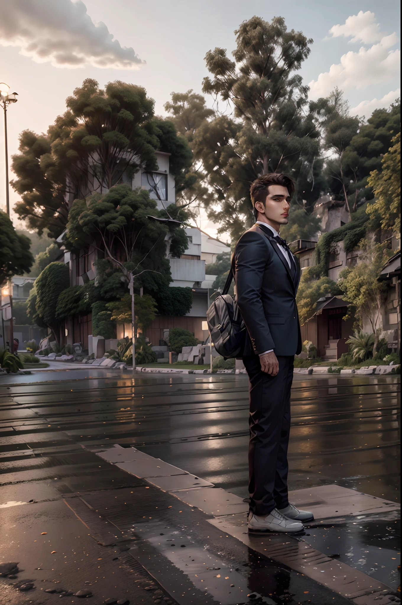 A handsome boy keep real face change background waering suit dark light perfrct lighting ultra 8k