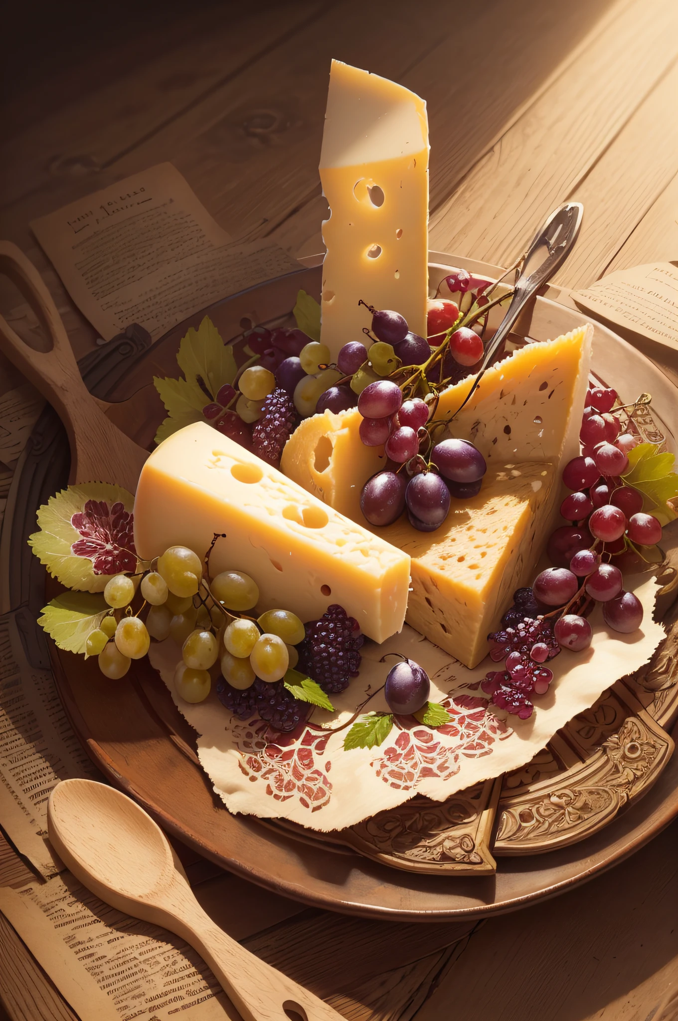 a vintage illustration of wine, cheese and grapes, (best quality, highres), (vibrant colors), detailed illustration, antique style, rustic composition, aged paper texture, meticulous brushwork, wine bottle and glass, cheese wheel and slices, bunch of grapes, classic still life, warm and inviting atmosphere, soft lighting, intricate details, rich color palette