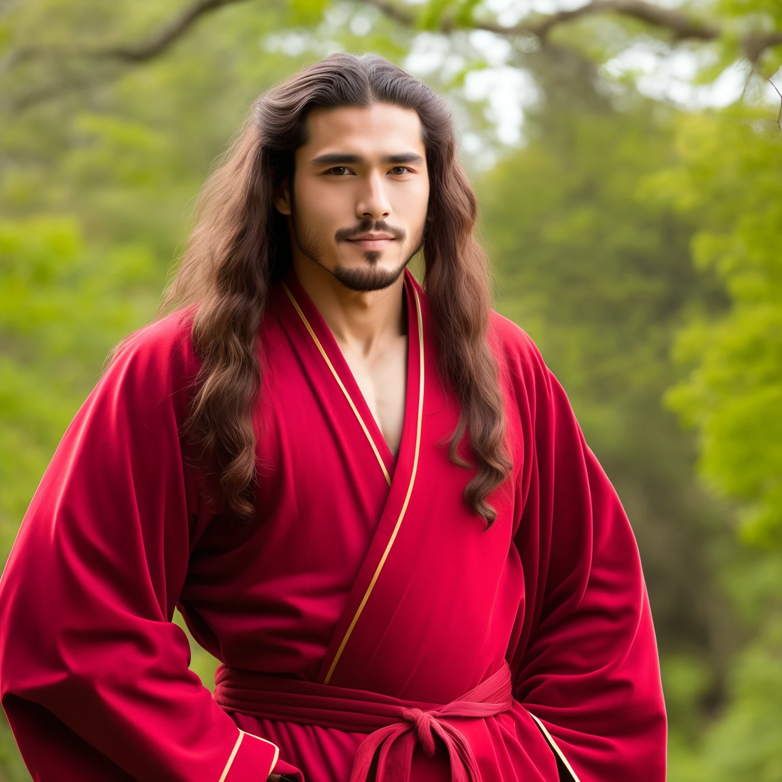 A handsome man in ancient costumes, wearing a red robe, long hair, beautiful and charming.