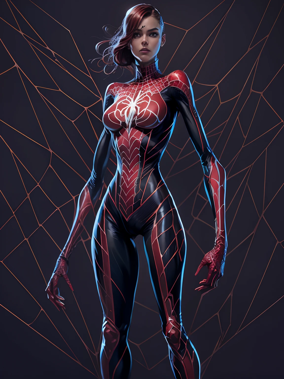 skinny spider girl superhero,  red and white suit, Rendered in stunning 24k resolution, every intricate detail of her spidy superhero life on display, a symbol of her unwavering faith and courage.