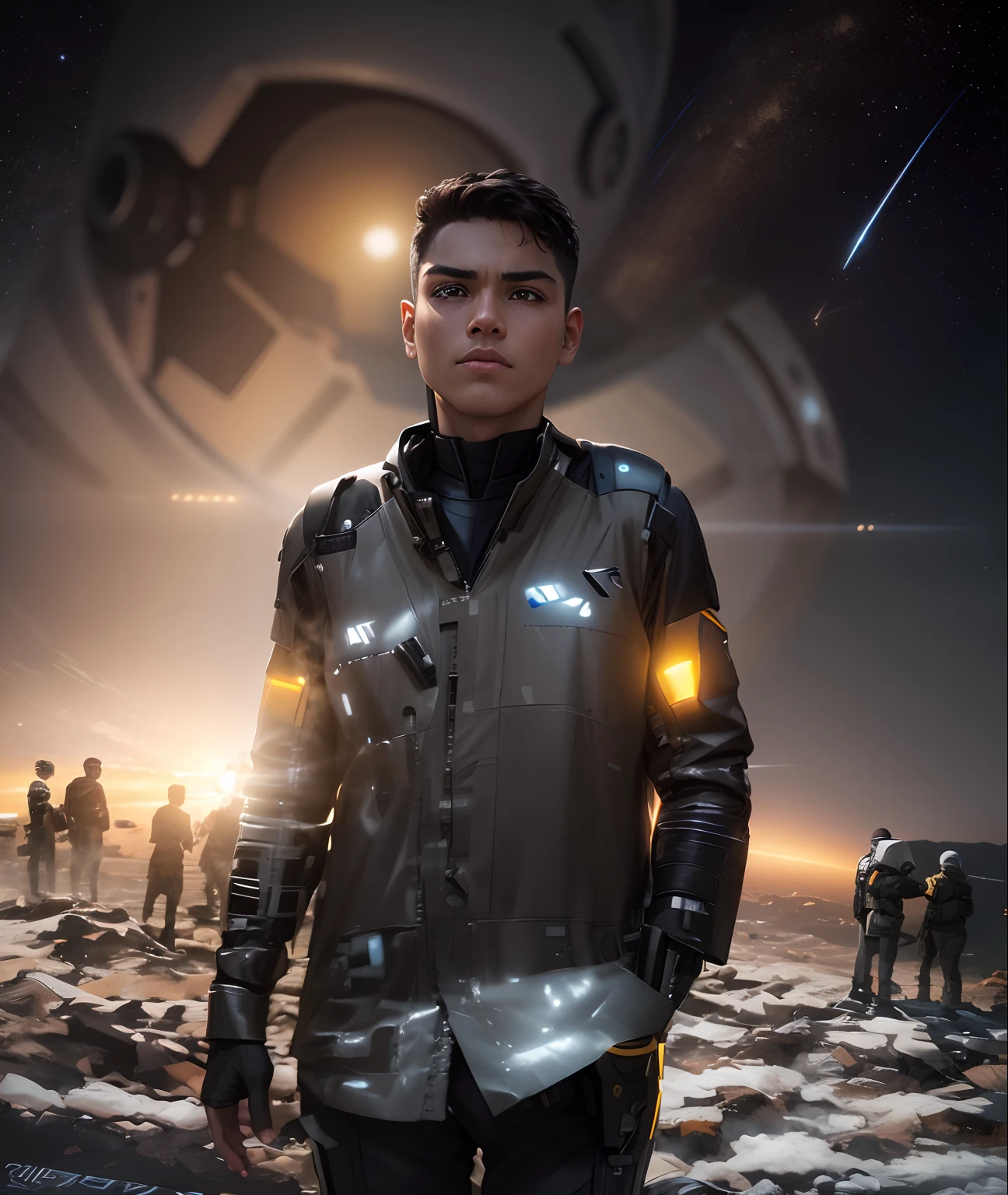 fking_scifi, award-winning photo of a boy,black flight suit with yellow accents, brown hair, (gray eyes:1.35), square jawline, asymmetric face, standing in front of a window on a space ship, 80mm, bokeh, mass effect, close up, fking_cinema_v2
