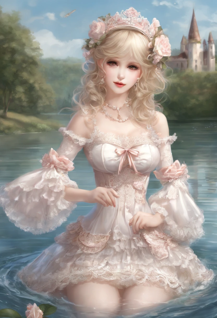 (lingerie:1.3), Takanobu Fujiwara(Takanobu Fujiwara)Digital rendering inspired by, pixiv, rococo, Victoria Gothic Lolita Fashion, Lolita Style,lolita fashion, one-piece,She is swimming in the lake,petticoat,open your legs, (Detailed description of the garment), Cold, white skin, (Detailed description of blush), 1080p,8k wallpaper、Top Quality