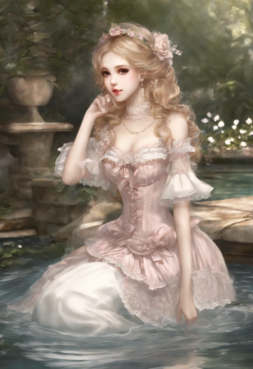(lingerie:1.3), Takanobu Fujiwara(Takanobu Fujiwara)Digital rendering inspired by, pixiv, rococo, Victoria Gothic Lolita Fashion, Lolita Style,lolita fashion, one-piece,She is swimming in the lake,petticoat,open your legs, (Detailed description of the garment), Cold, white skin, (Detailed description of blush), 1080p,8k wallpaper、Top Quality