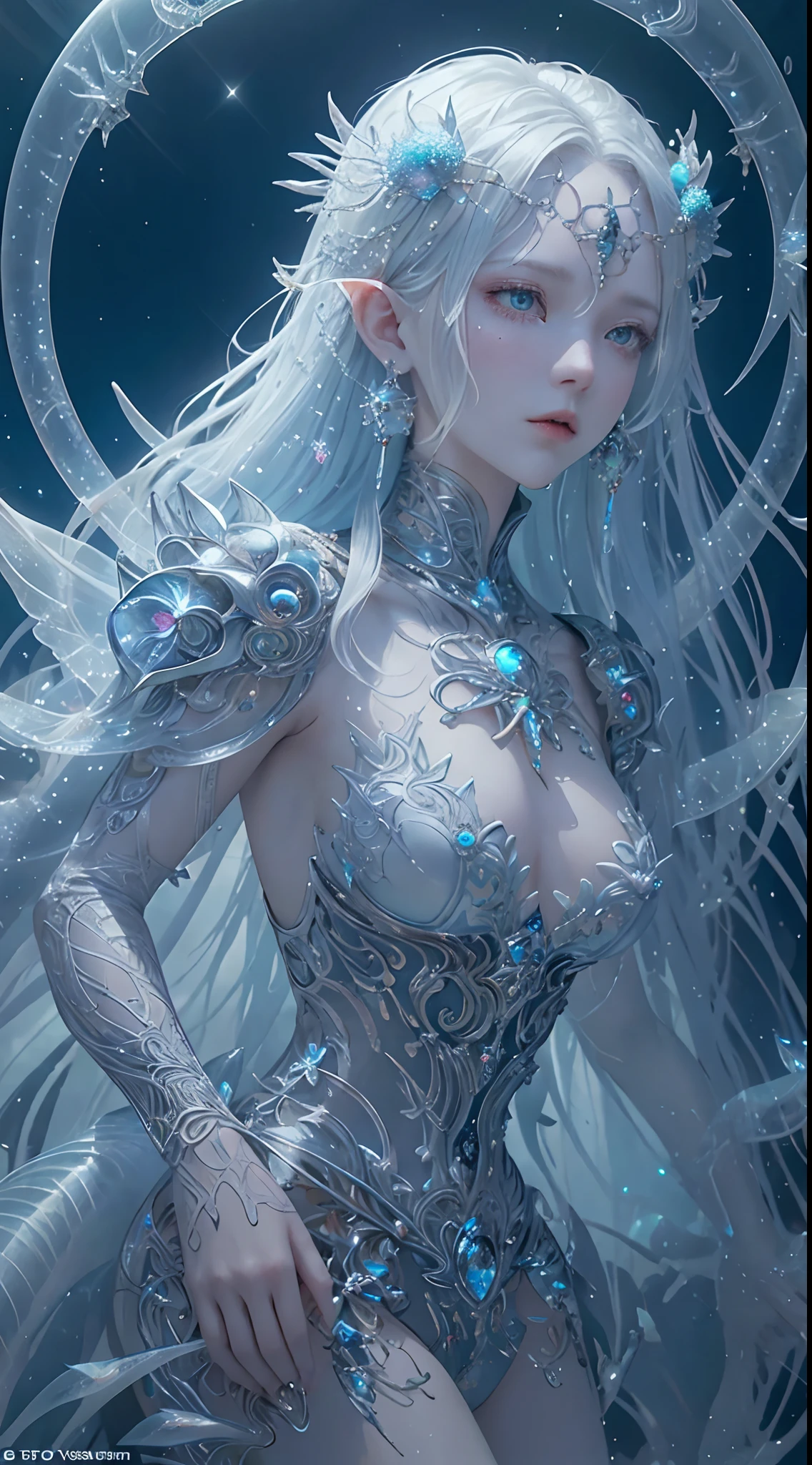 Masterpiece, High Quality, Ocean Forest, City, Fantastic Fantasy, Glowing Plants, Coral Viaduct, (Swarm of Glowing Jellyfish), (Shoal of Fish with Transparent Wings Flying in the Sky), Misty, Extreme Detail, Morning Light, Epic Composition, (Intricate Detail), (Intricate Design, Ultra Detail: 1.2), Art Station, (Masterpiece, Best Quality), Ultra HD, 32k ,castle,1girl