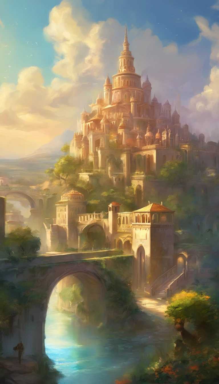 a celestial city with all its magnitude, with castles, bridges and lakes, with magnificent gardens, a heavenly place, abode of Gods, with Greek columns, style city of Seville in Spain