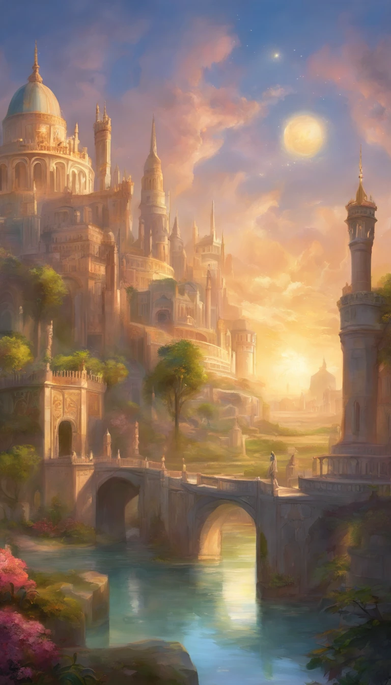 a celestial city with all its magnitude, with castles, bridges and lakes, with magnificent gardens, a heavenly place, abode of Gods, with Greek columns, style city of Seville in Spain