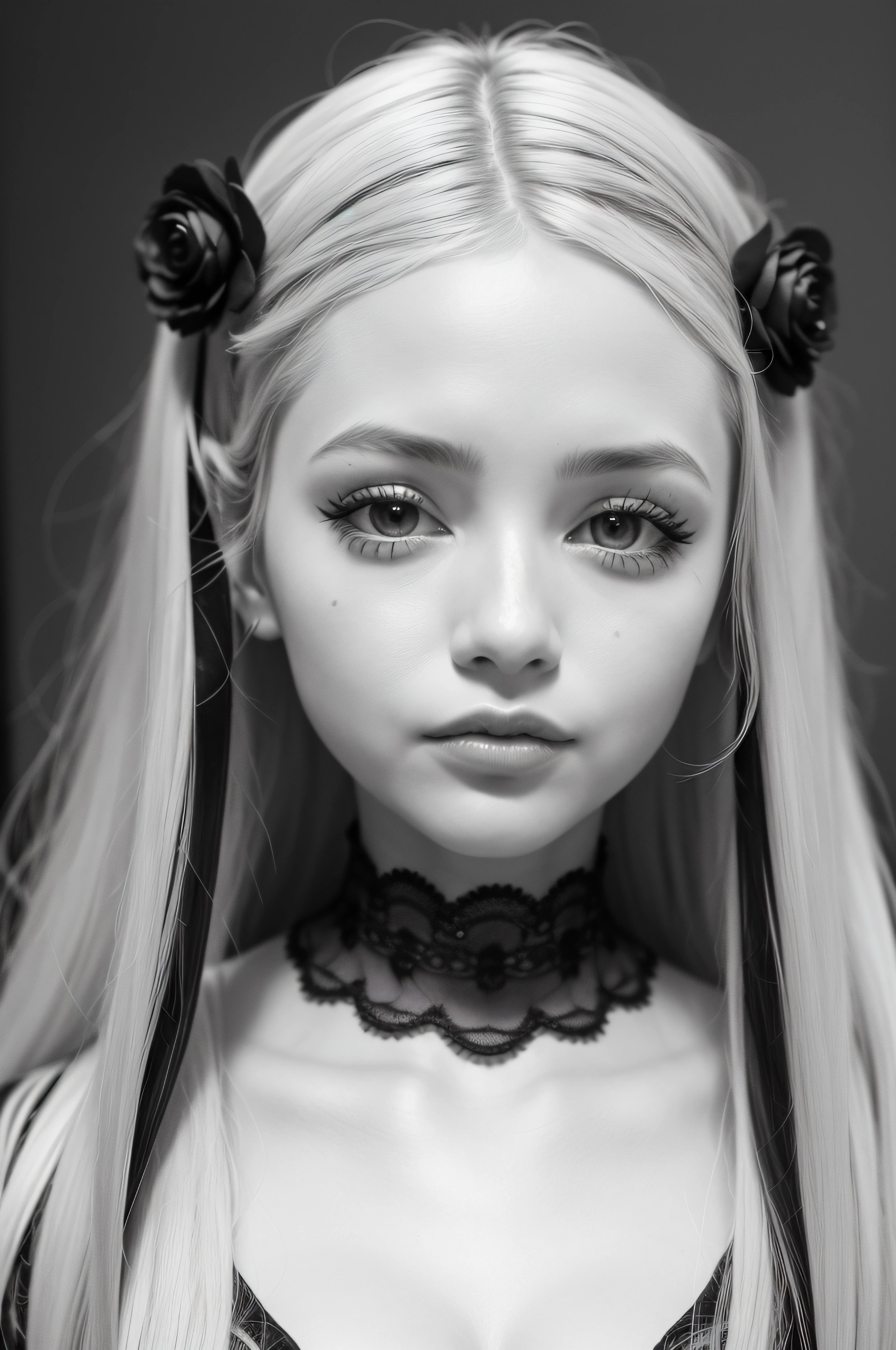 (8k, RAW photo, photorealistic), (masterpiece, realistic, photo-realistic:1.1), 1girl, face, close-up, twintails, blonde hair, black eyes, (looking at viewer:2), absurdly long hair, long eyelashes, eyeshadow, big eyes, high contrast, portrait photography, close up, masterpiece, 20 years old woman, wavy long silky blonde hair, Black lipstic, Black colored lipstic, symetrical face, Most beautiful women, Goddess like beauty, clears facial expressions, subtle smile, stunning women, elegant dress, in middle of avenue, 35 mm, DLSR, film grain, cinematic, intricate details, 4K, 8k, hd