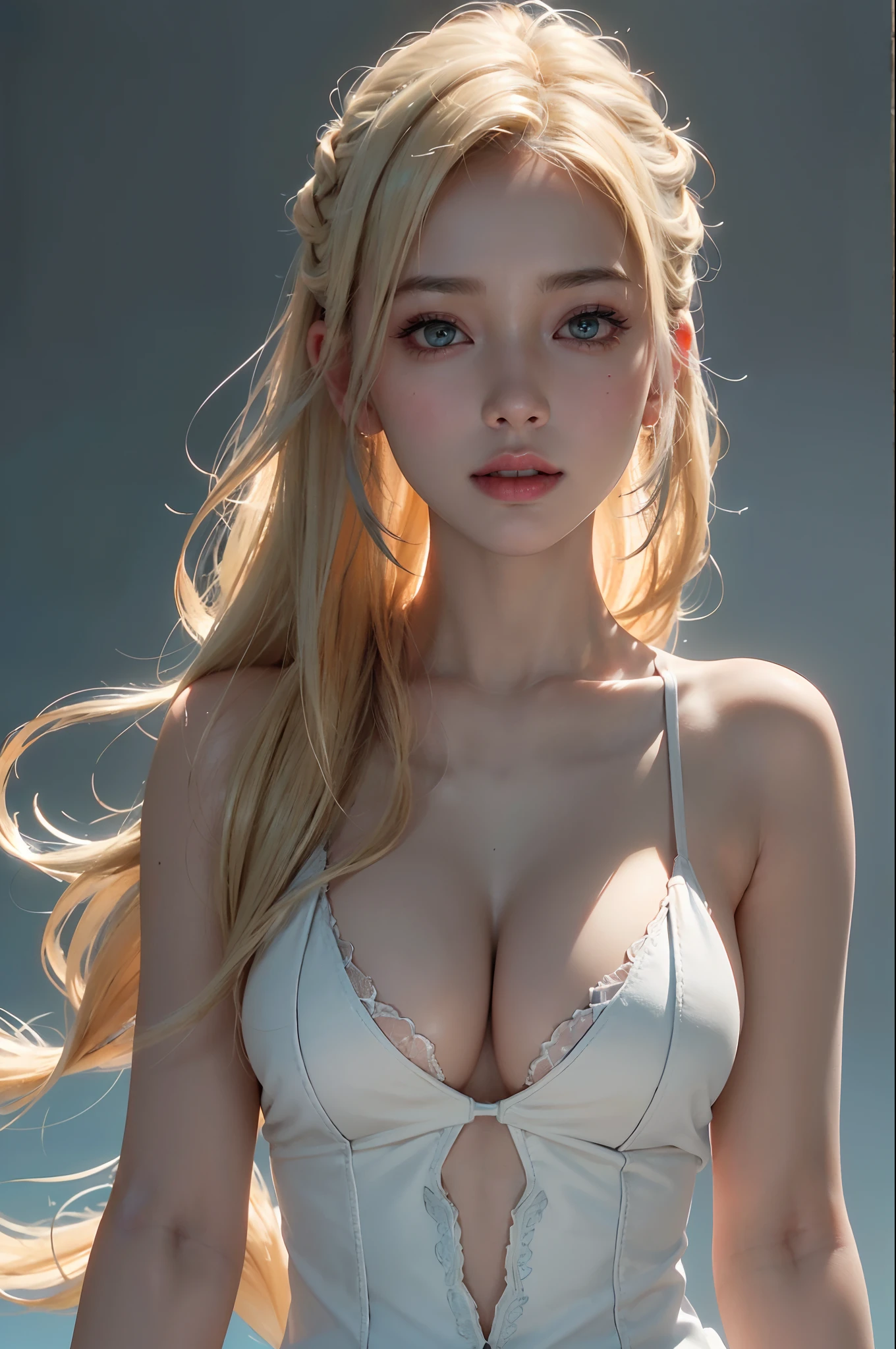 (ultra realisic), (Illustration), (real skin),(Real Snow),(Resolution Enhancement), (8K), (Extremely detailed), (Best Illustration), (beautiful-detailed eyes), (Best Quality), (The ultra-detailliert), (Masterpiece ), ( wall paper), (Detailed face),a blond, Wavy hair,(hi-top fade:1.3), (Smiling broadly, bright look), dark theme, soothing tones, muted colors, High contrast, (Natural skin texture, hyperrealism, Soft light, edgy),exposure blend, medium shot, Bokeh, (HDR:1.4), High contrast, (films, teal and orange:0.85), (muted colors, faded colors, soothing tones:1.3), Low saturation, (hyperdetailed:1.2),(Big breasts :1.2),(Dynamic Angle).