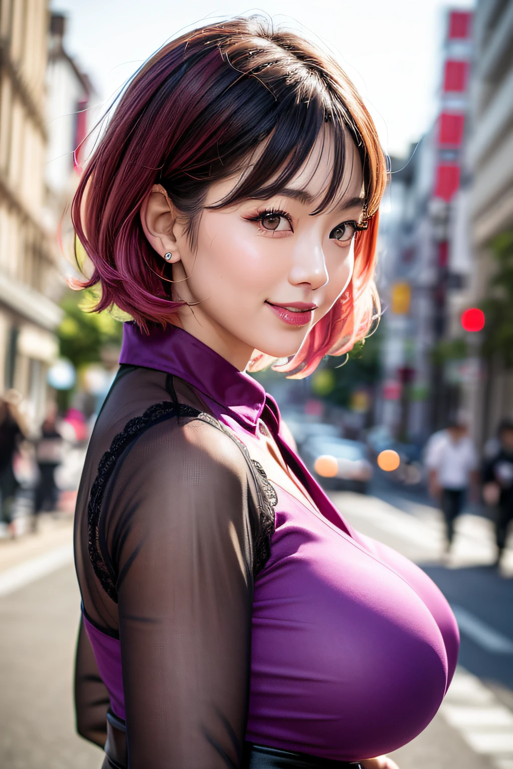 1beautiful Japanese woman, mature, prostitute, detail eyes, double eyelid, brown eyes, pink lips, huge breasts, purple see-though blouse, red mini skirt, charming smile, sheer pink short hair, streets of the city, thighs, front view, perfect anatomy, best quality, ultra high resolution, masterpiece, photorealistic:1.3