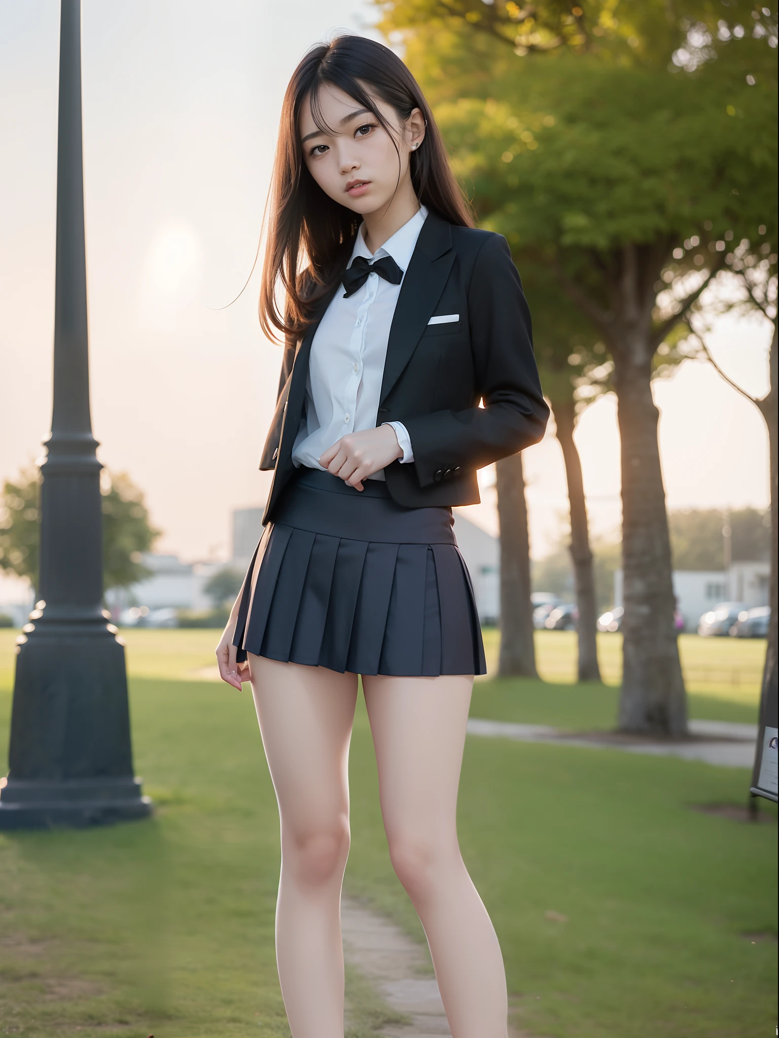 18 Year Old Woman, Long hair, Raw photo, Bokeh (Realism: 1.4, Realistic), high-definition CG unified 8K wallpapers, 1girl in, ((Slim body: 1)), (Small breasts: 1), Back to viewers, ((Direct view from the front)), (HQ Skin: 1.4), 8K UHD, Digital SLR, Soft light, High quality, Film grain, FujifilmXT3, ((School uniform, Short skirt,See-through open skirt:1.5)), ((plein air, on the park))) jangjoo, Portrait,((Layered short haircuts, Black Hire,tiny chest:1.2)),(Looking at Viewer:1.4),(Full body:1.8),Detailed face,undergarment,