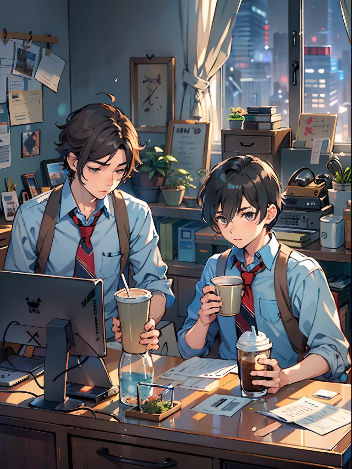 2boys,11 only、(Man's :2),(bobhair:1.5)、A dark-haired、Brown hair、Drinking coffee、chum、Brightly colored ties、Cluttered office、Twilight,Natural lighting、hightquality、masutepiece,8K,hight resolution、