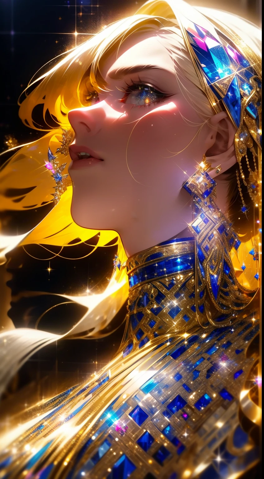 (masterpiece, best quality:1.2), 8k, insane details, intricate details, hyperdetailed, hyper quality, high detail, ultra detailed, professional, HDR, realistic, ray tracing reflection,
1girl, goddess, cinematic lighting, ornate, (glitter, sparkly golden:1.2), ornament, (diamond:1.1), woman goddess in half body portrait, golden deity, sparkling aura, beautifull aura