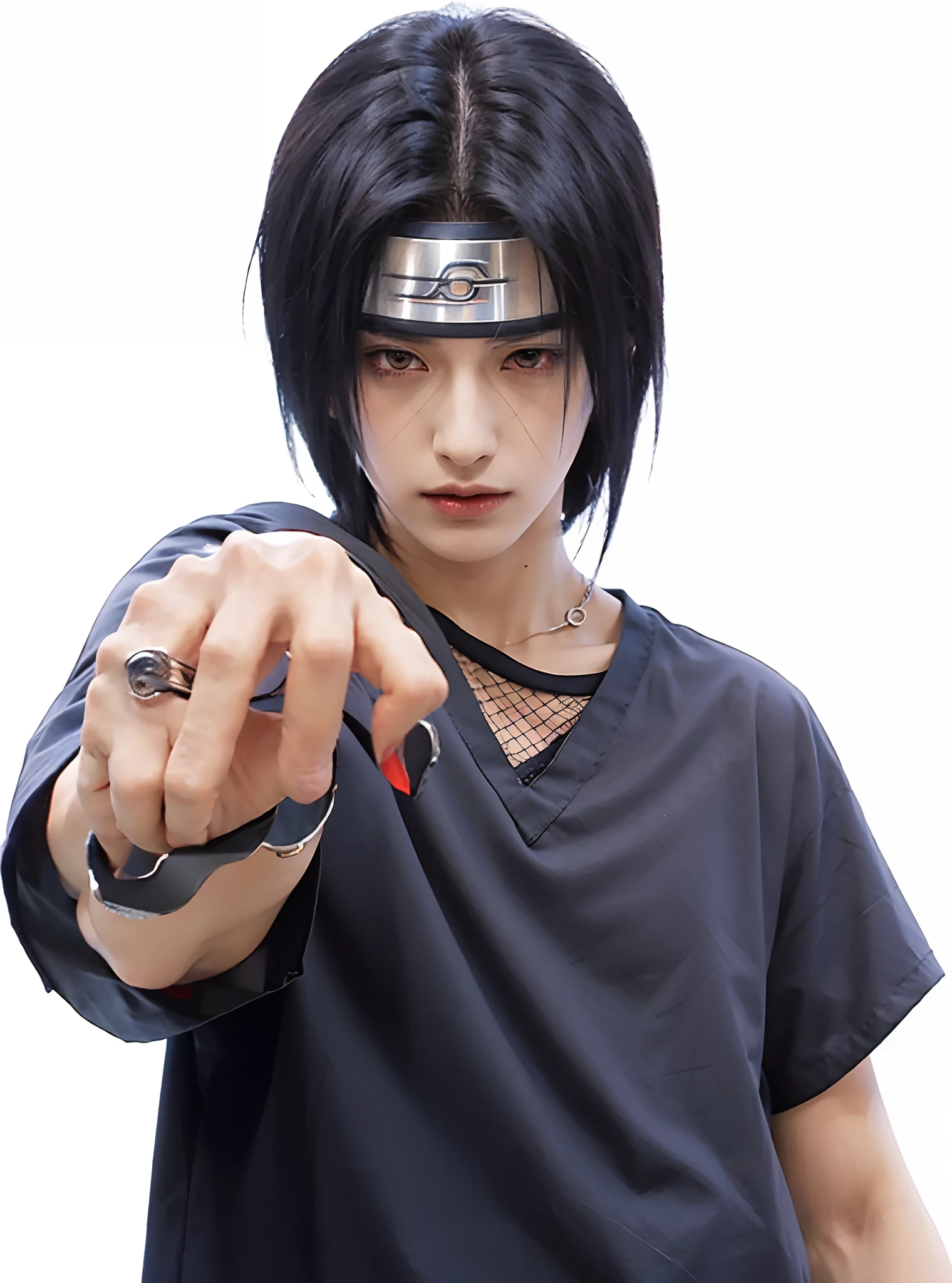 1male, uchiha itachi in anime naruto shippuden, long hair , black hair, red eyes, handsome, black clothes, realistic clothes, detail clothes, city background, ultra detail, realistic