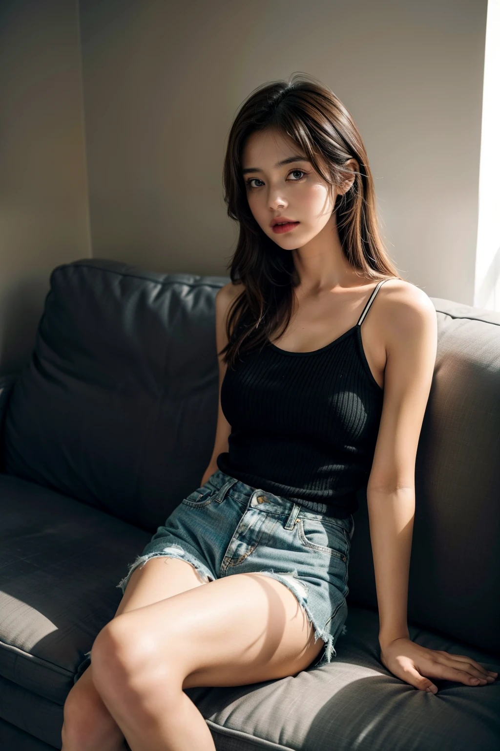 1girll,Sit on a comfortable sofa,Cross ed leg,Soft light