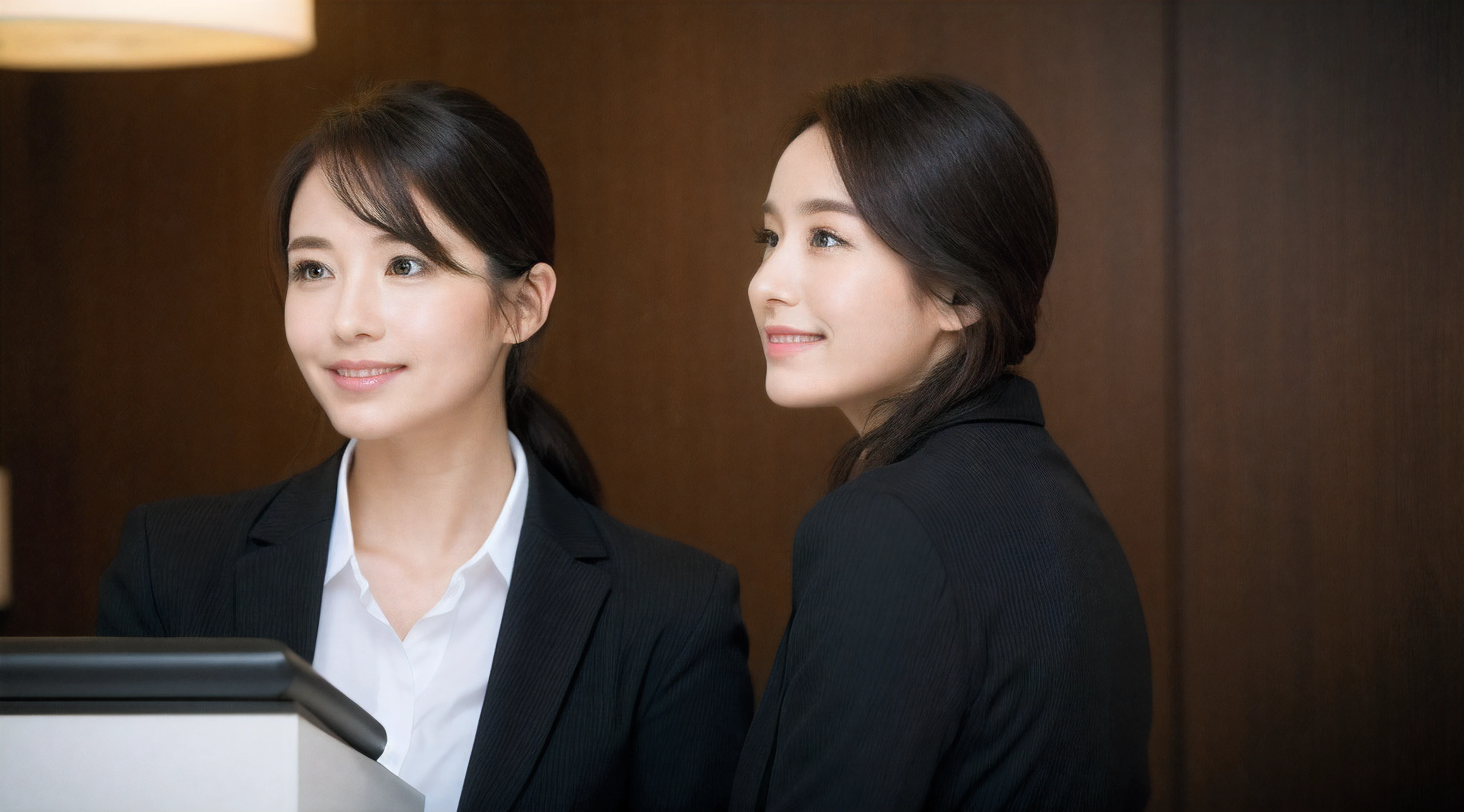 looking away、Hotel reception、face forcus、Female front desk staff,Black jacket、White button shirt、a picture、A detailed face、Detailed lips、A detailed eye、a smile