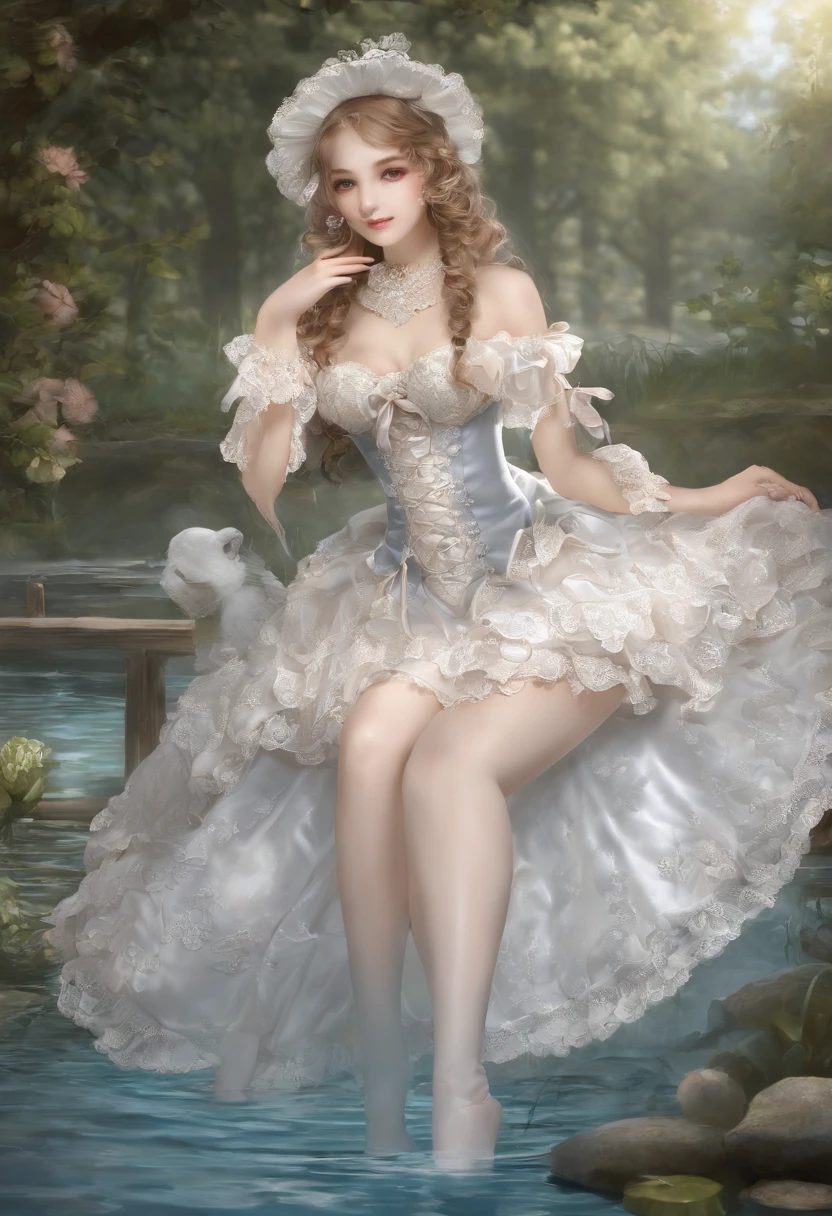 (lingerie:1.3), Takanobu Fujiwara(Takanobu Fujiwara)Digital rendering inspired by, pixiv, rococo, Victoria Gothic ta Fashion, Lolityle,lolita fon, one-piece,She is swimming in the lake,petticoat,open your legs, (Detailed description of the garment), cold, White skin, (Detailed description of blush), 1080p,8k wallpaper、Top Quality