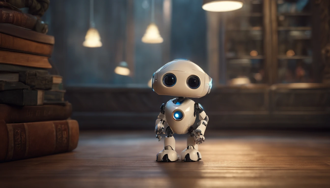in a future dead city, escrevendo no live, na sala com livros, wide vision, ultra realista, altamente detalhado, pintura digital, arte conceitual, suave, foco nítido, tiro grande angular , babysitter, cute , with a cute , There is a cute robot standing in the future city play with a cute babyich is a very cute robot, cute elaborate epic robot, beautiful robot character design, Kid Robot, Portrait of a futuristic robot, robotic mixed with organic, Future Robot, humanoid character, concept robot, White Robot, robot concept art, Steampunk Robot ,