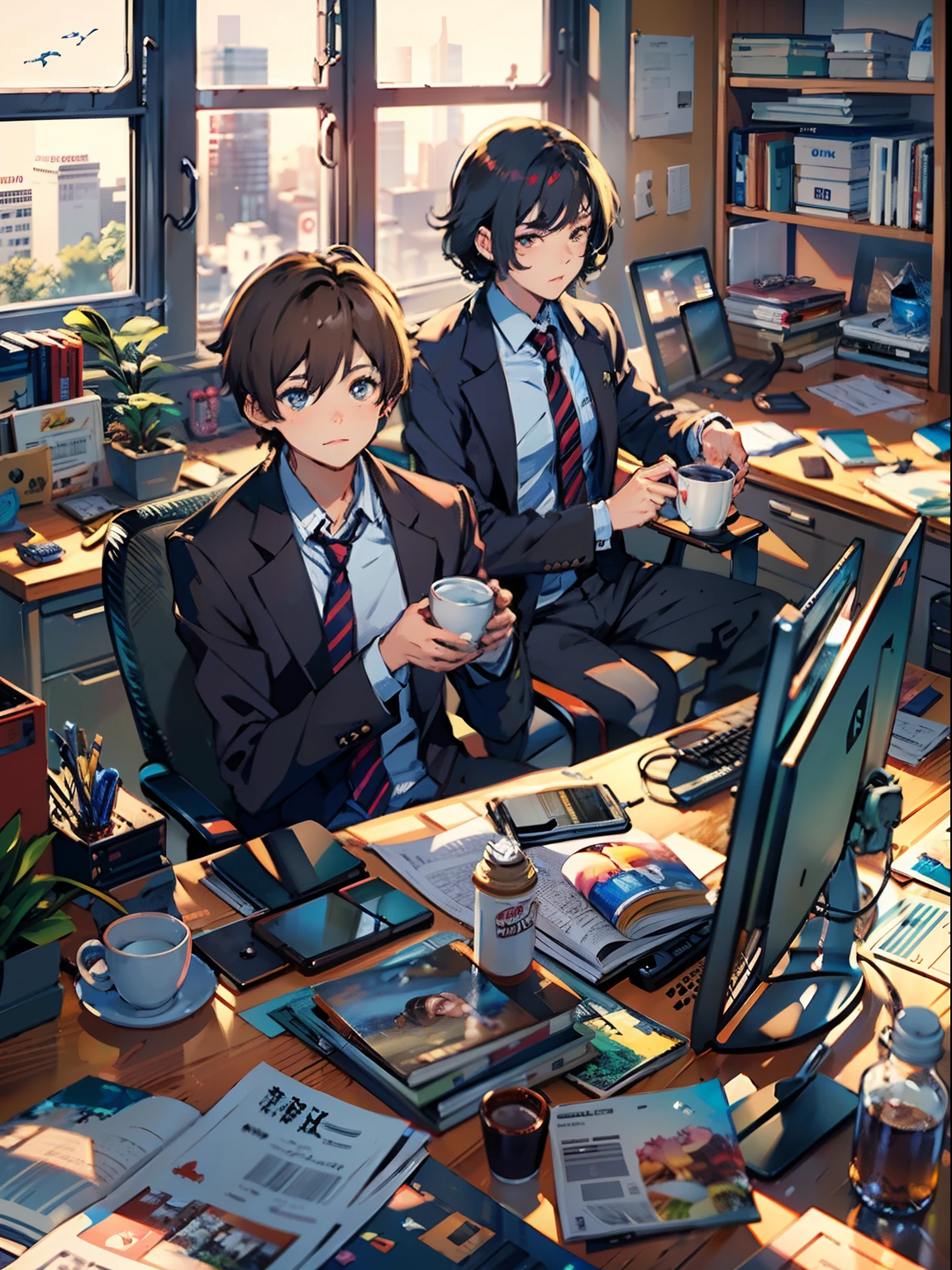 2boys,11 only、(Man's :2),(bobhair:1.5)、A dark-haired、Brown hair、Drinking coffee、chum、Brightly colored ties、Cluttered office、Twilight,Natural lighting、hightquality、masutepiece,8K,hight resolution、