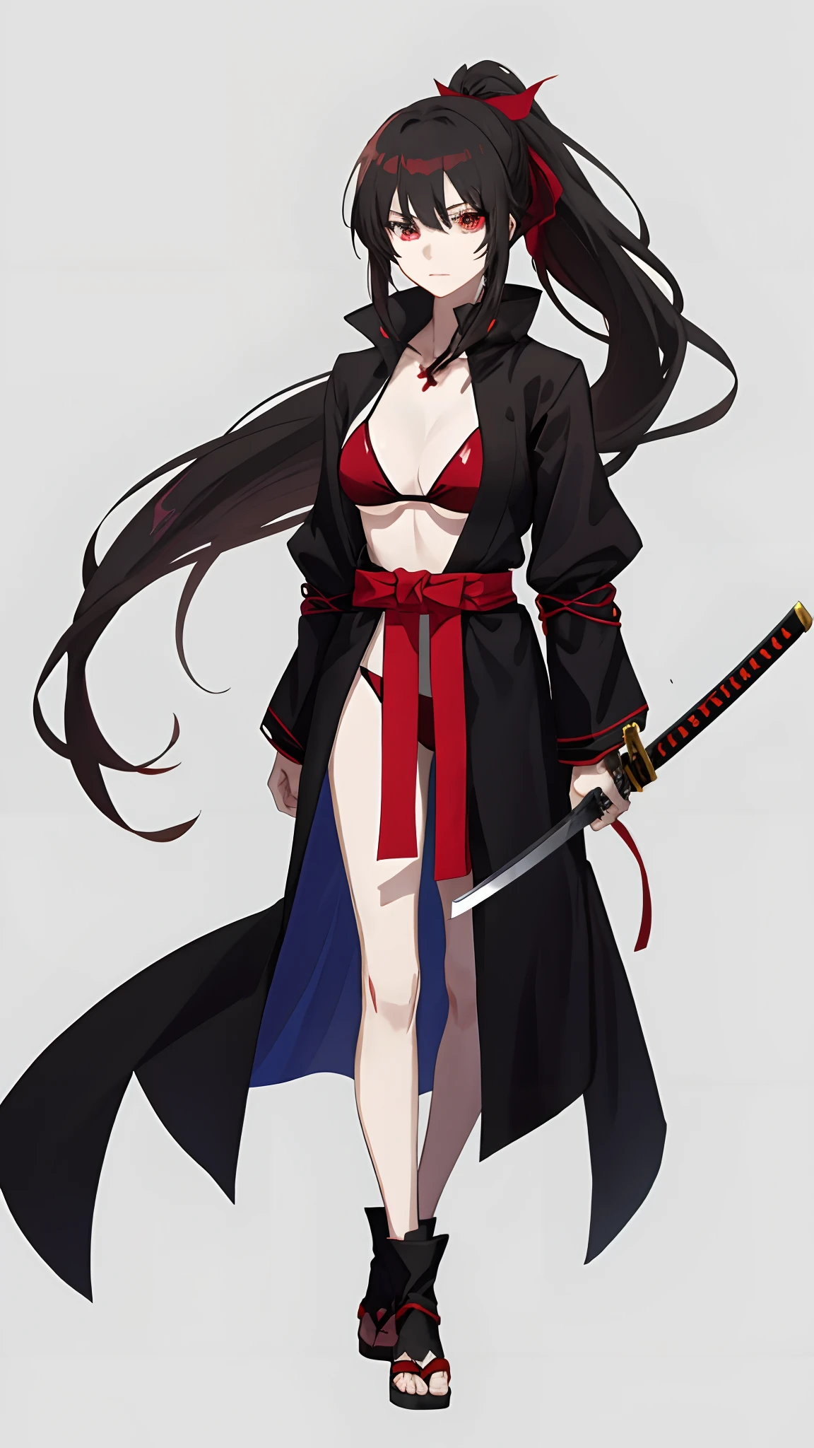 Anime girl in black string bikini,There is a scar on the left eye in a vertical straight line.............., A ponytail and a red with two red swords and a belt fastened at the waist...................., Inspired by Jin Homura, full body xianxia, Kunoichi, Red Female Killer, Characters in the video game Katana Zero, :14 80s anime style, Gapmo Yandere Grimdark, anime style character, Akira Akatsuki, Inspired by Sakai Hōitsu, Blood is tracked....., body......,There's a black gag....... mediuml breasts