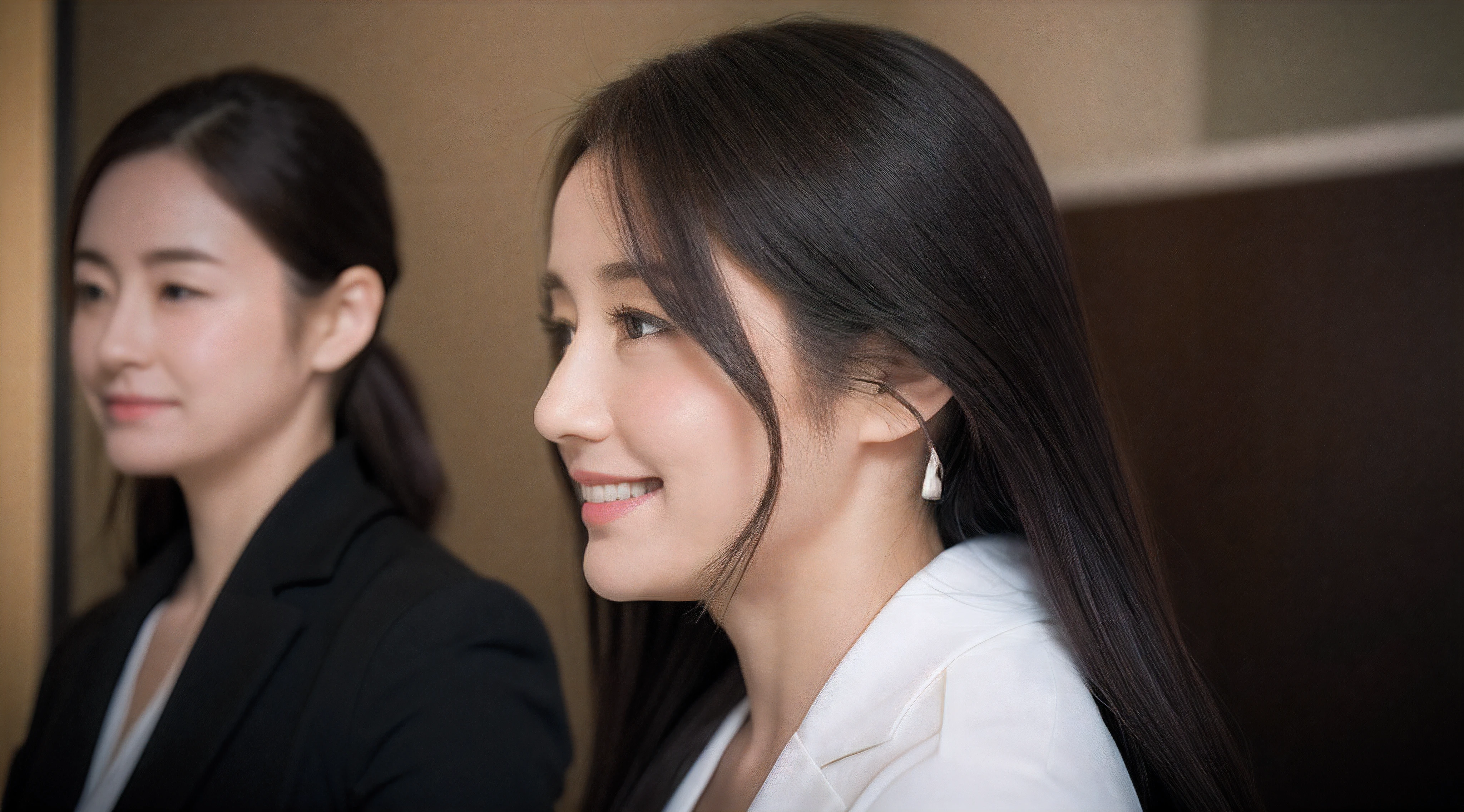 looking away、Hotel reception、face forcus、Female front desk staff,Black jacket、White button shirt、a picture、A detailed face、Detailed lips、A detailed eye、a smile