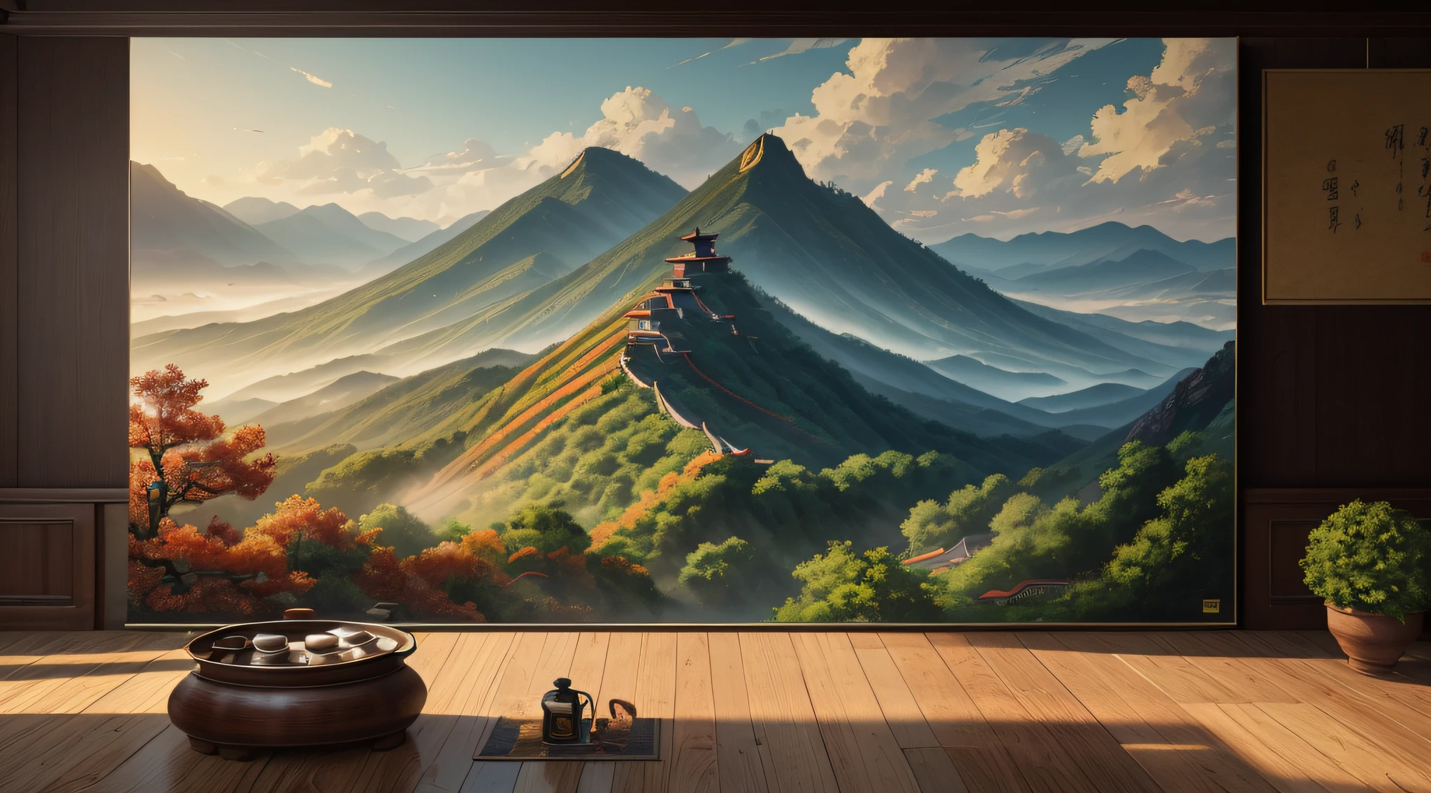 Chinese, child, grandfather, mountain, landscape, ancient, wooden table with altar, bottle, grand scene with wide view
(best quality,4k,8k,highres,masterpiece:1.2),ultra-detailed,(realistic,photorealistic,photo-realistic:1.37),HDR,UHD,studio lighting,ultra-fine painting,sharp focus,physically-based rendering,extreme detail description,professional,vivid colors,bokeh,portraits,landscape,ancient Chinese painting style,majestic scenery,misty atmosphere,warm color tone,dappled sunlight,historical,traditional,authentic,detailed brushwork
(Best Picture Quality,4k,8k,A high resolution,tmasterpiece:1.2),Super meticulous,(realisticlying,Photorealistic simulation:1.37),HDR,UHD,studiolight,Ultra-fine painting,sharp fokus,Physical rendering,Extremely detailed description,professinal,Vivid colors,Background bokeh,character drawing,landscape,Ancient Chinese painting style,stunning view,Hazy atmosphere,a warm color palette,Bright sunshine,historical,traditional,of a real,Meticulous brushstrokes