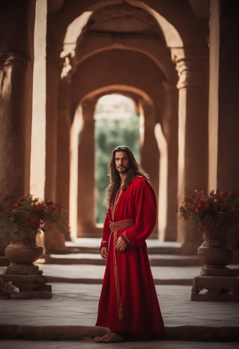 The photo depicts a handsome man in ancient costumes, wearing a red robe, long hair, beautiful, and charming.