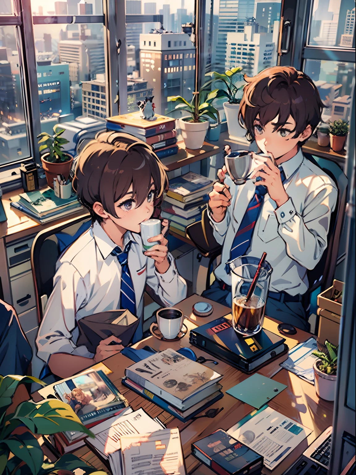 2boys,11 only、(Man's :2),(bobhair:1.5)、A dark-haired、Brown hair、Drinking coffee、chum、Brightly colored ties、Cluttered office、Twilight,Natural lighting、hightquality、masutepiece,8K,hight resolution、