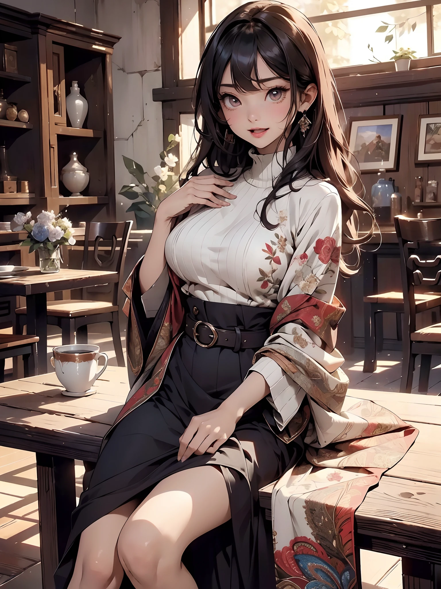 in 8K、masutepiece、masterpiece、 top-quality、The ultra -The high-definition、ighly detailed、超A high resolution, (fidelity: 1.2)、细致背景、extremely details CG、Wide View、longshot、wide Shots、Soft light illumination、 Street Cafe、Table seating、Woman sitting on chair in seat、medium-sized chest、hand holding cup of coffee、de pele branca、Beautuful Women、(A detailed eye、Almond Eye、Brown eyes、Bright pupils、Gradient Eyes、finely detailed beautiful eye、big highlight on eyes:1.2)、(a blond、Media 厶、Upstyle、asymmetrical bangs)、(with a belt、long skirt、Floral embroidered sweater、The blanket is draped over the shoulder 、Paisley pattern、pumps)、thin and long legs、Beautiful hip line、Beautiful spine、constricted back、Toned waist、cheeks are a little red、beutiful breast、Breast is an A cup) 、(Round face: 1.4)、(Fine fingers、detailed arms、detailed human hands)、Laughing、Mouth open、teeth showing、
