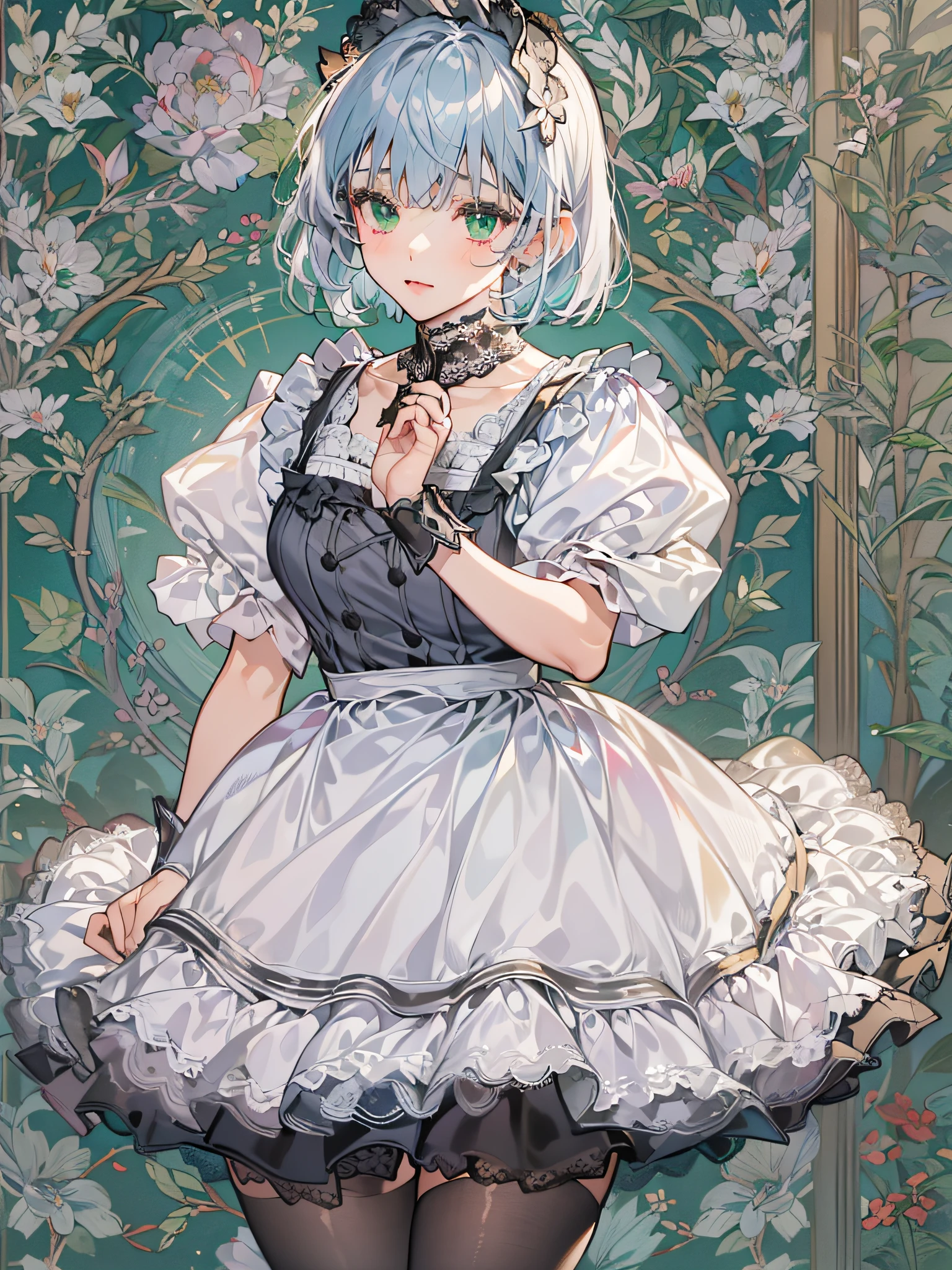  girl, solo, full body, blue silver hair, blunt bangs and short hair, green eyes, She is standing and pinching her skirt by fingers and greeting curtsy, She is wearing black maid costume, white lace collar with, white color apron that has breastplate and has white lace ruffles at shoulder straps, head dress with white lace ruffles, black strapped shoes, Mucha-Style Backgrounds