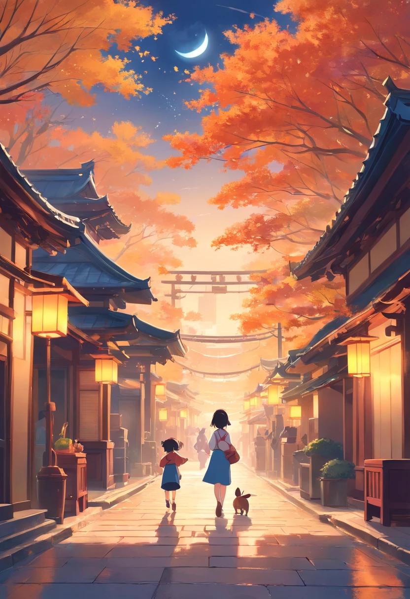 the poster for an autumn festival with a temple, moon in the sky, in the style of gauzy atmospheric landscapes, romantic illustration, precisionist art, illustration, traditional color scheme, high-contrast shading, tropical landscapes, rabbit family, four rabbits on the street