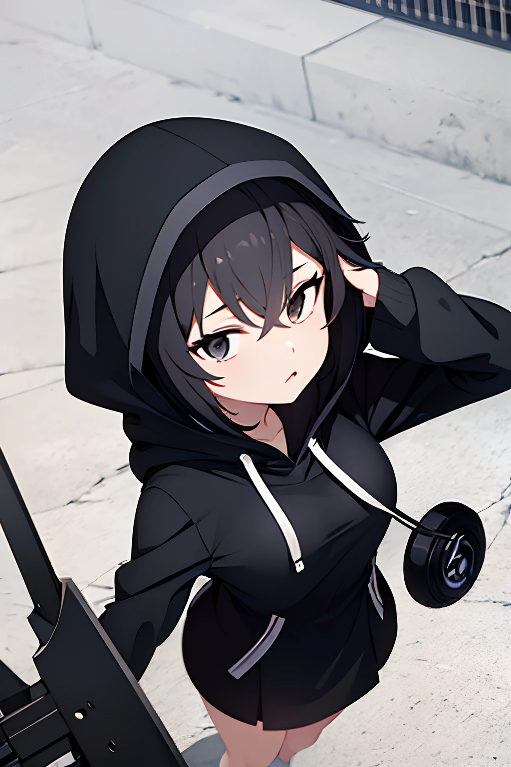 1 girl, Black hair, shorth hair, Black eyes, deadpan, (Large breasts), Black hoodie, Hood Up, Short black skirt, headphones, From the top,