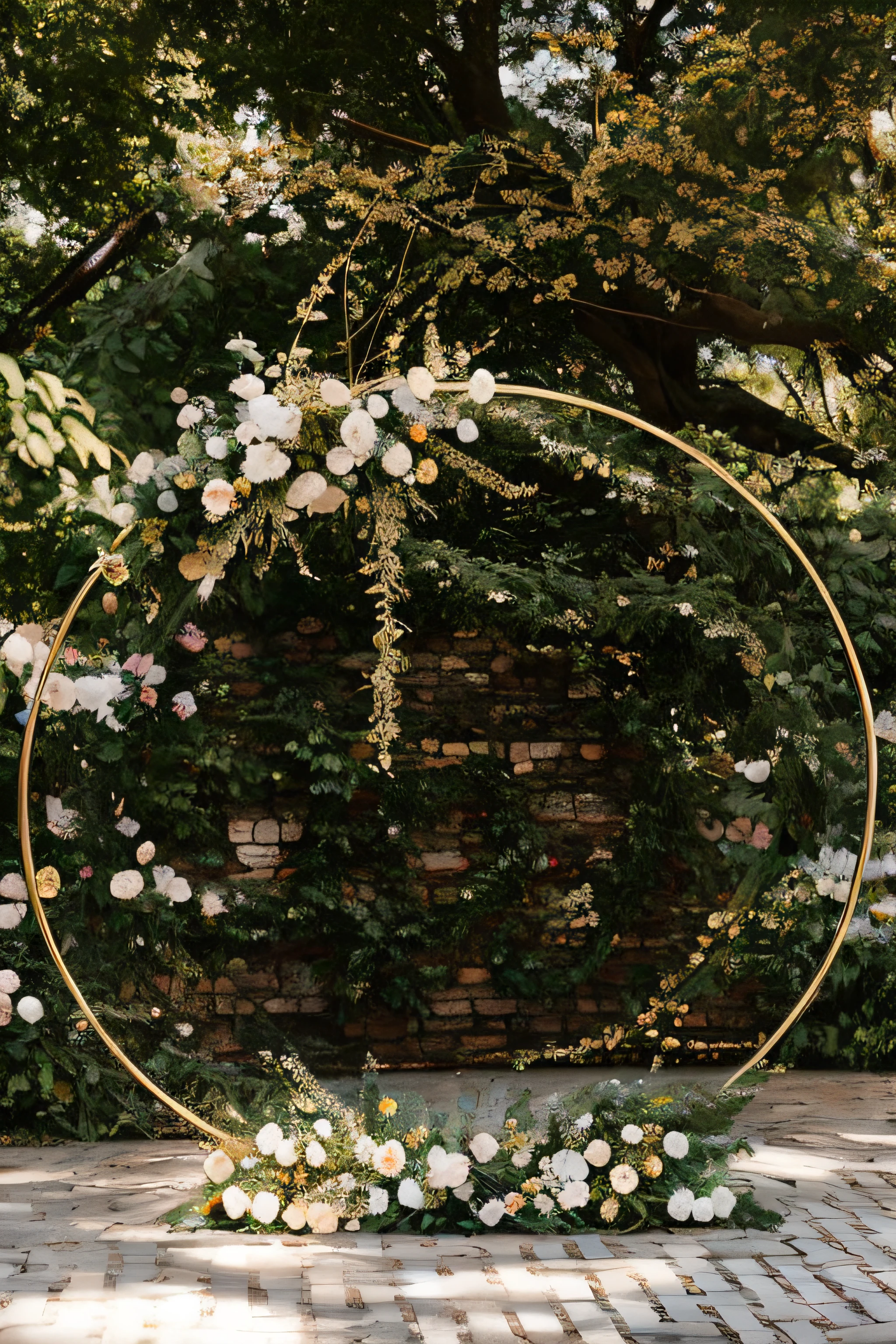 Close-up of circular wreath with flowers on brick walkway, gold gilded circle halo, intricate ornament halo, ornamental halo, jovana rikalo, flowers and gold, thin gold details, Ring lighting, portal made of roses, stunning arcanum backdrop, circle forms, Golden halo, Perfect detail, Subtle gold accents, Lush plants and magical details