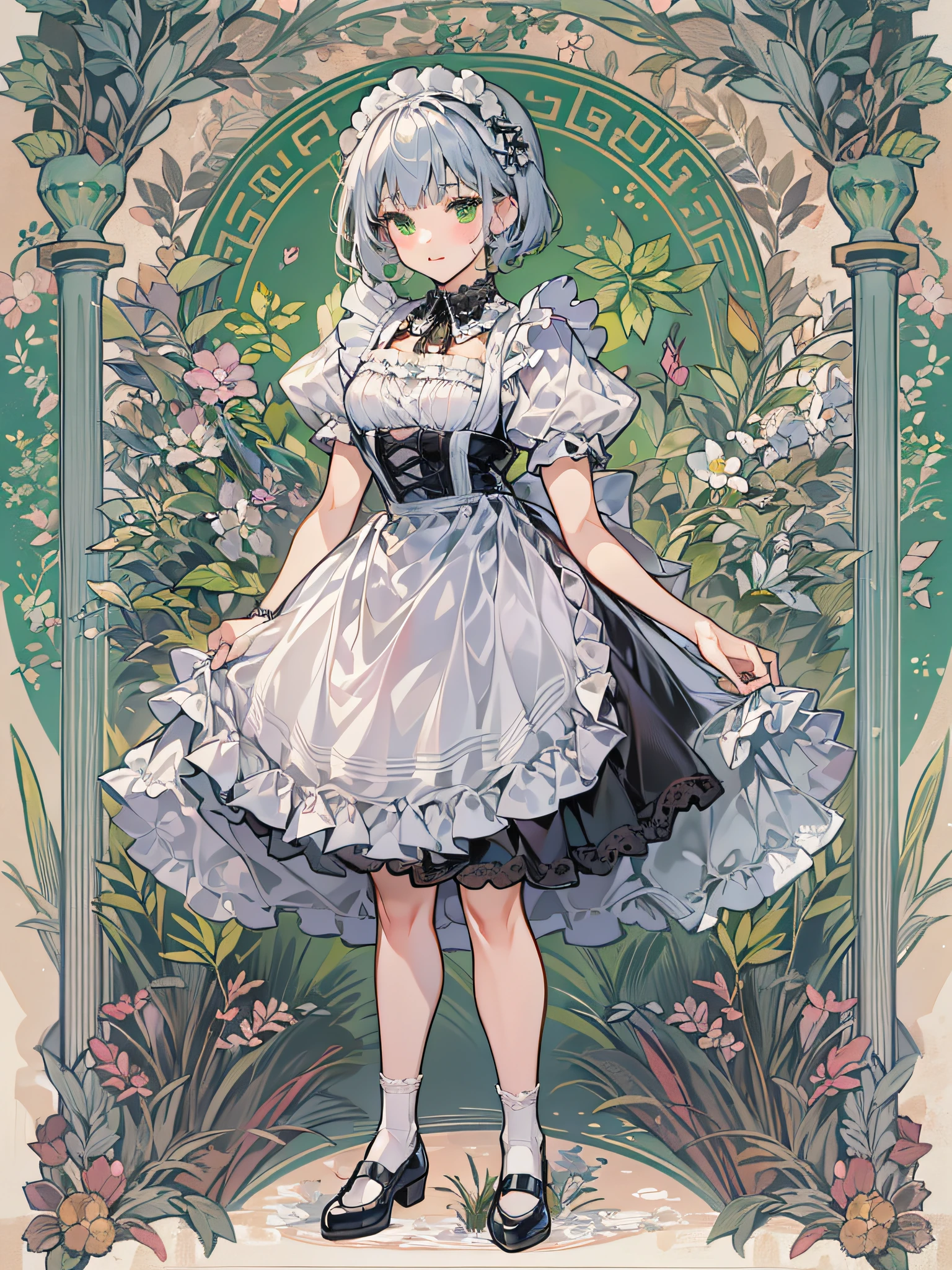 girl, solo, full body, blue silver hair, blunt bangs and short hair, green eyes, She is standing and pinching her skirt by fingers and greeting curtsy, She is wearing black maid costume, white lace collar with, white color apron that has breastplate and has white lace ruffles at shoulder straps, head dress with white lace ruffles, black strapped shoes, Mucha-Style Backgrounds