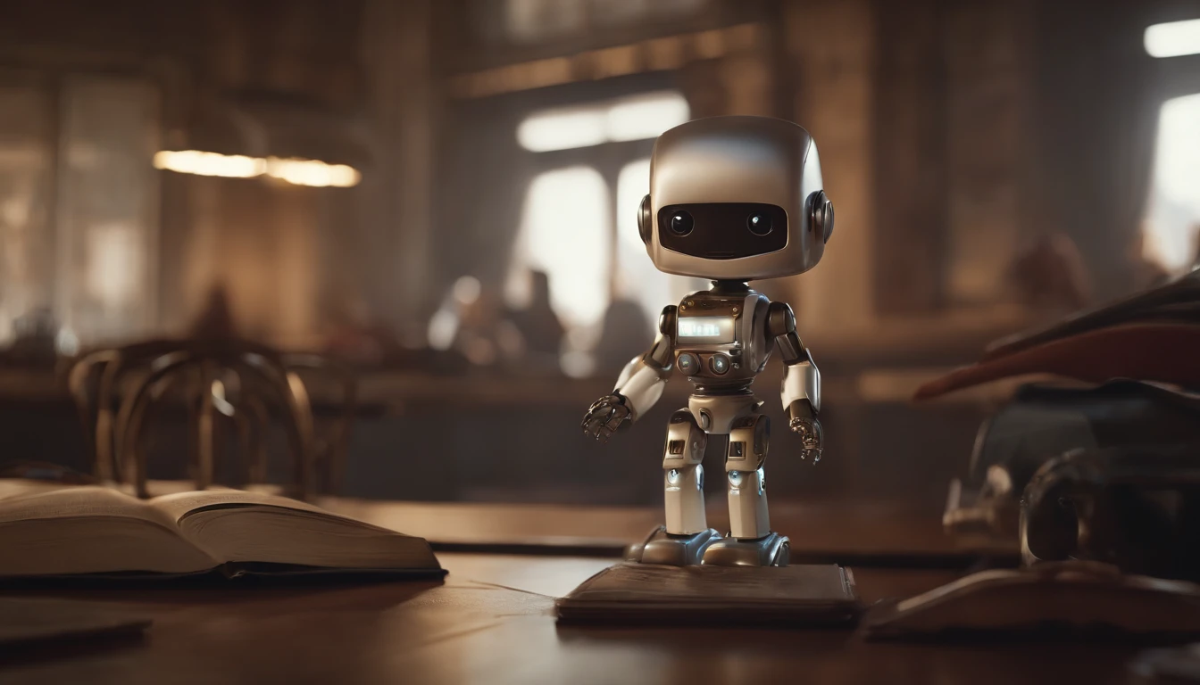 in a future dead city, escrevendo no live, na sala com livros, wide vision, ultra realista, altamente detalhado, pintura digital, arte conceitual, suave, foco nítido, tiro grande angular , babysitter, cute , with a cute , There is a cute robot standing in the future city play with a cute babyich is a very cute robot, cute elaborate epic robot, beautiful robot character design, Kid Robot, Portrait of a futuristic robot, robotic mixed with organic, Future Robot, humanoid character, concept robot, White Robot, robot concept art, Steampunk Robot ,