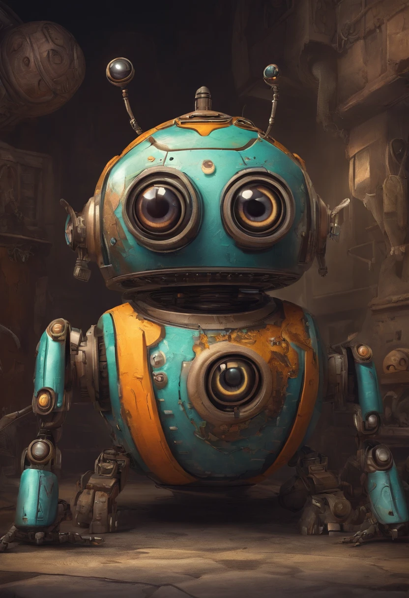 Creepy funny bug-eyed robot sphere, smiles funny, Funny eyes, humor, caricature, hyper-detailing, sketch drawing, grafffiti