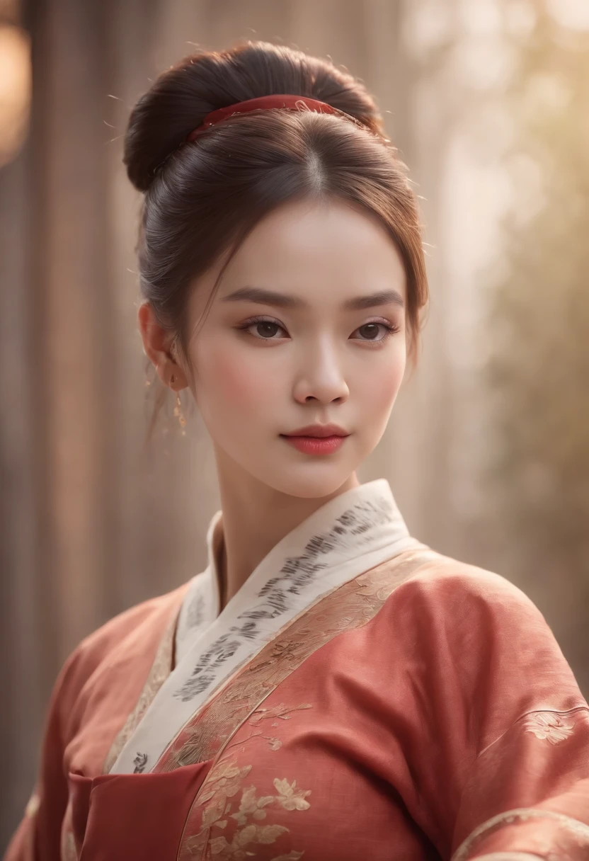 A beautiful woman dressed in Han costume holds a painting in both hands,hair-bun,Stunning,Full body like,(Best quality,4K,8K,A high resolution,Masterpiece:1.2),(Ultra-detailed),(Realistic,Photorealistic,photo-realistic:1.37),(hdr),(hyper HD),(Studio lighting),(Ultra-fine painting),(Sharp focus),(Physically-based rendering),(Extreme detail description),(professional),(Vivid colors),(Bokeh),(sportrait),(Chinese calligraphy),(Warm color tones),(Soft lighting)