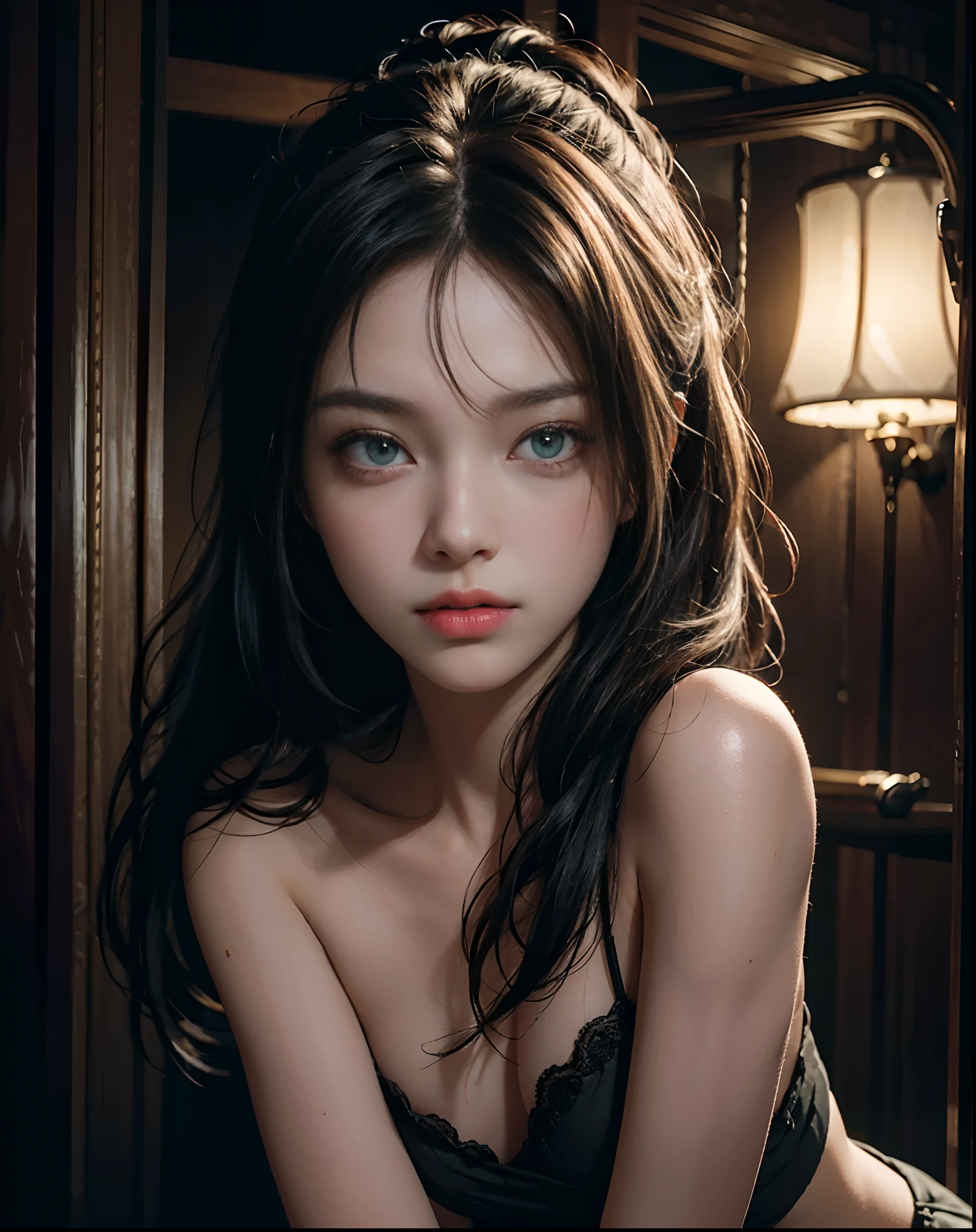 Best Quality, Masterpiece, Ultra High Resolution, (Realisticity: 1.4), Original Photo, 1Girl, Green Eyes, Off-the-Shoulders, Cinematic Lighting