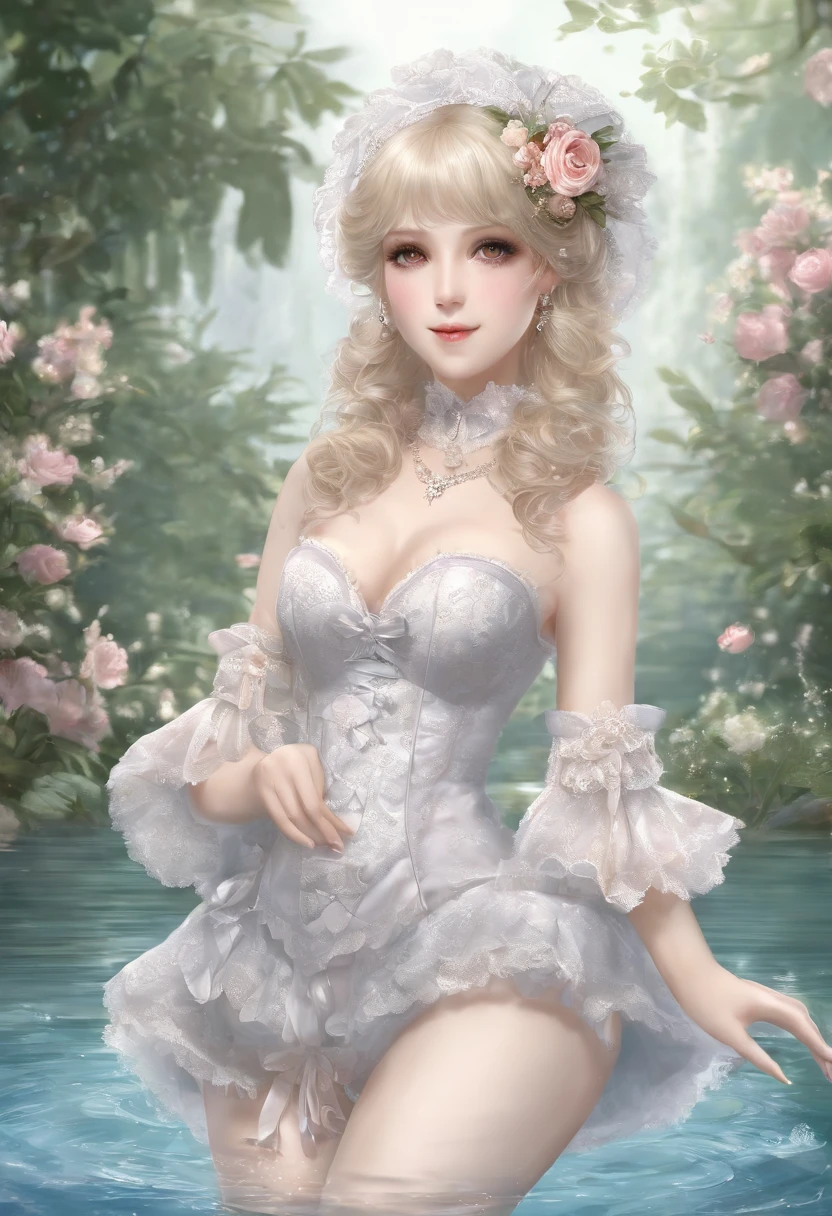 (lingerie:1.3), Takanobu Fujiwara(Takanobu Fujiwara)Digital rendering inspired by, pixiv, rococo, Victoria Gothic Lolita Fashion, Lolita Style,lolita fashion, one-piece,She is swimming in the lake,petticoat,open your legs, (Detailed description of the garment), cold, White skin, (Detailed description of blush), 1080p,8k wallpaper、Top  Quality