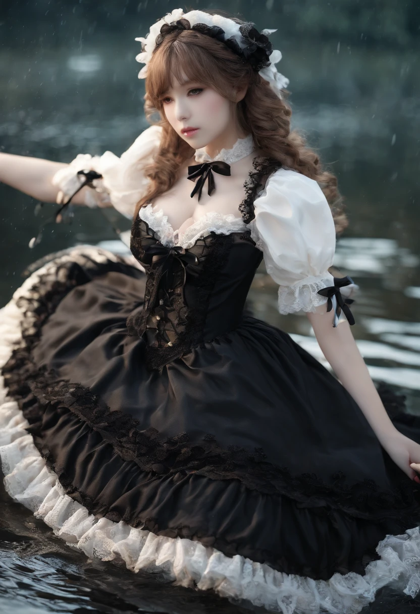 (lingerie:1.3), Takanobu Fujiwara(Takanobu Fujiwara)Digital rendering inspired by, pixiv, rococo, Victoria Gothic Lolita Fashion, Lolita Style,lolita fashion, one-piece,She is swimming in the lake,petticoat,open your legs, (Detailed description of the garment), cold, White skin, (Detailed description of blush), 1080p,8k wallpaper、Top Quality