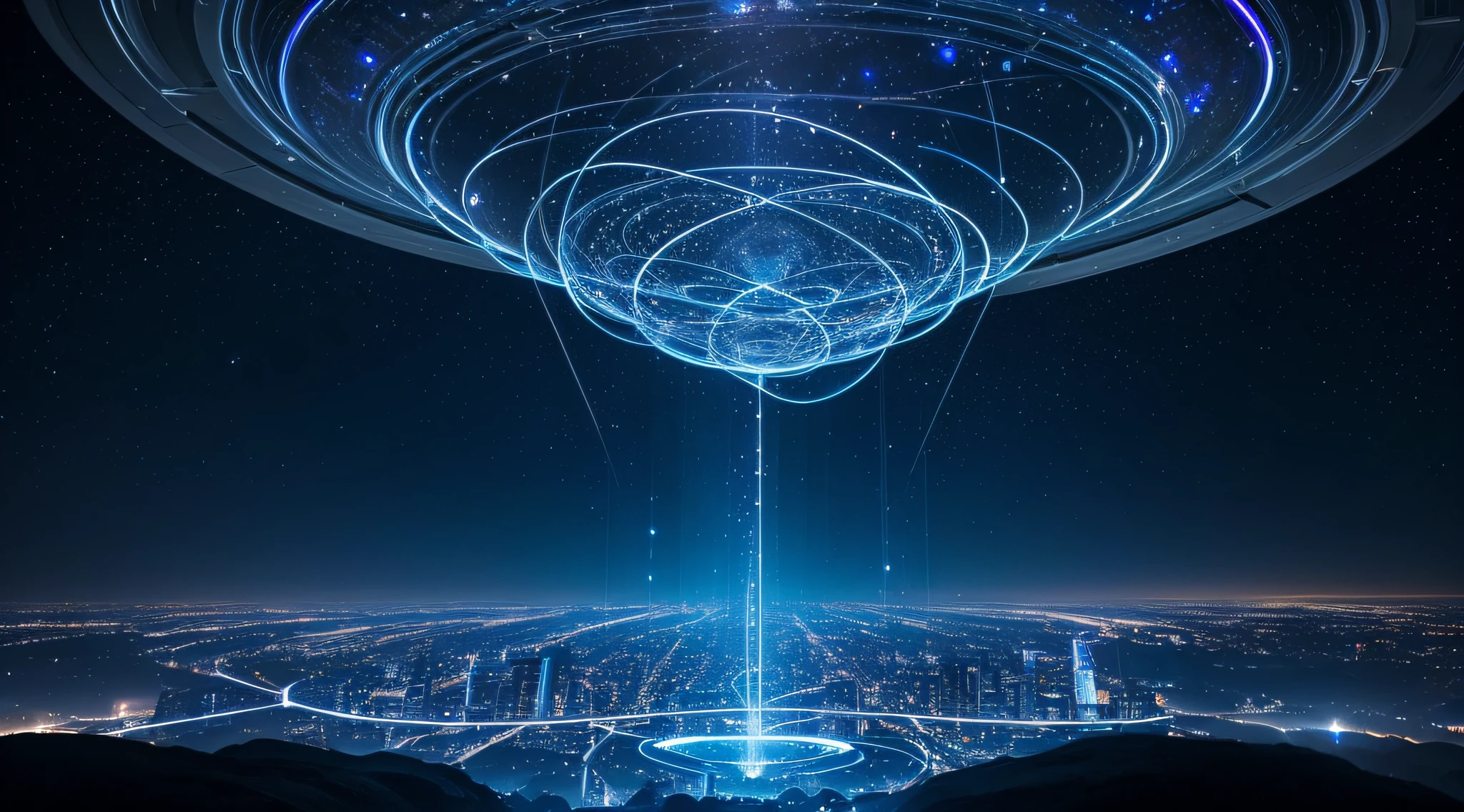 Spellbinding, capture an interlocking network of levitating glass spheres, forming a celestial cityscape amidst the night sky, their interiors aglow with a pulsating, bioluminescent heartbeat, casting a celestial aura over the landscape, extremely high detailed,super high quality, stunning and mesmerizing image