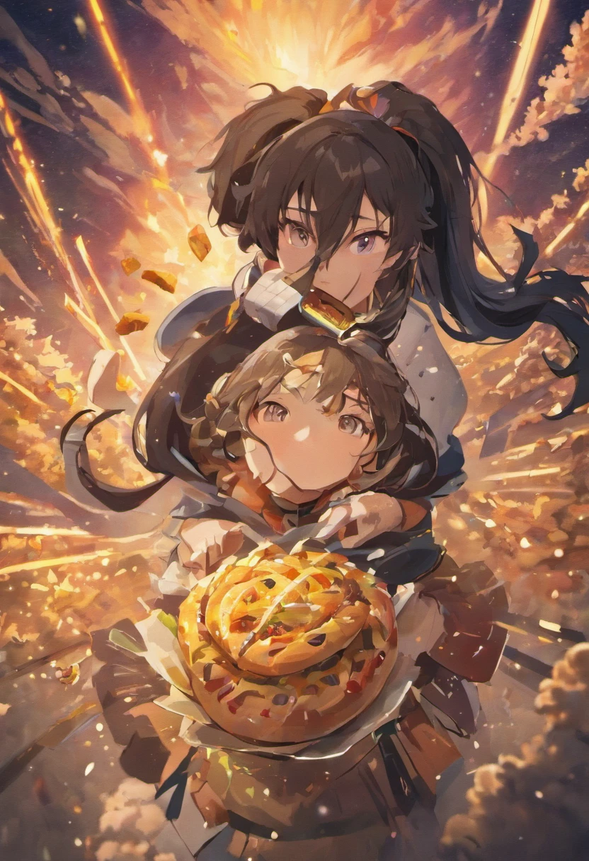 ((best qualityer)), ((tmasterpiece)), (highly detailed:1.3) Wind and the Universe,A beautiful woman ponytail black hair, holds a sandwich in both hands, sandwich has the word Chinese in it