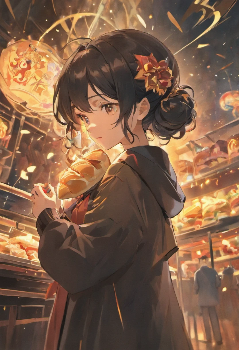 ((best qualityer)), ((tmasterpiece)), (highly  detailed:1.3) Wind and the Universe,A beautiful woman ponytail black hair, holds a sandwich in both hands, sandwich has the word Chinese in it