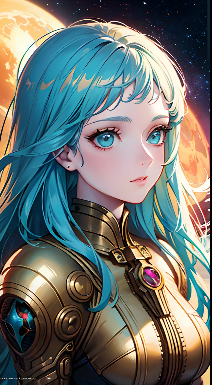 Close-up of a woman wearing a helmet and sci-fi, boris vallejo and tom bagshaw, Prophet graphic novel, Cosmic artifacts, Inspired by Earl Norem, deep dream, awarded on cgsociety, looks a bit similar to amy adams, golden turquoise steampunk, anno 2070