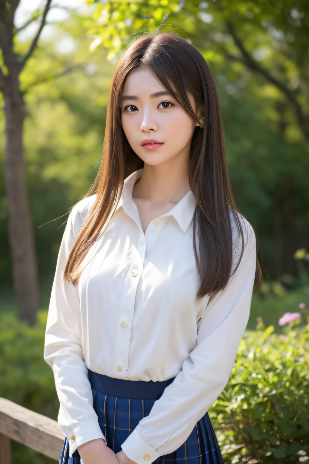 (8K, Photorealsitic, Raw photography, Top image quality: 1.4),japanes、hi-school girl、prety woman:1.8、top-quality、masterpiece、超A high resolution、(二重まぶた)、Light brown hair、length hair、((Narrow eyebrows))、white clothes、White skirt、tiny chest:0.6、((photos realistic))